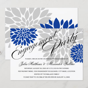 Royal Blue Silver Floral Burst Engagement Party Invitation