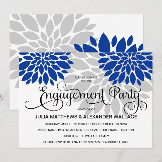 Royal Blue Silver Floral Burst Engagement Party Invitation (Front/Back)