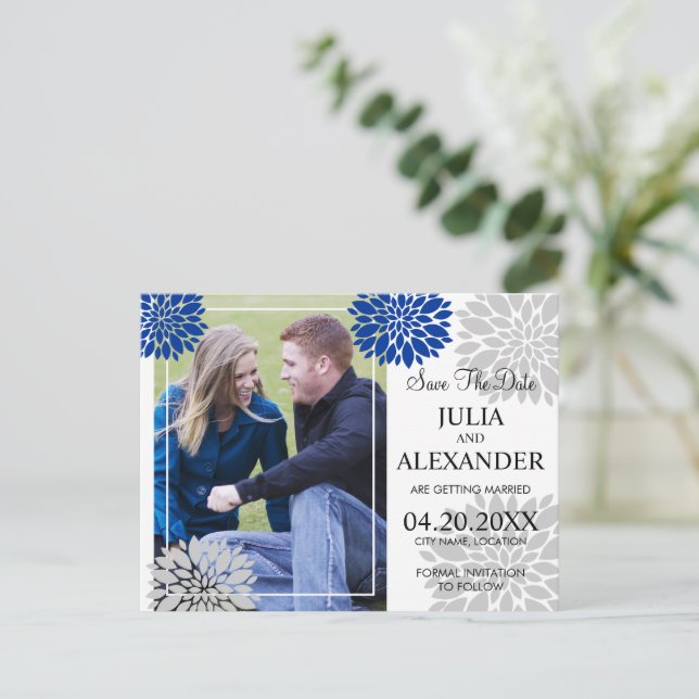 Royal Blue Silver Floral Burst Photo Save The Date Announcement Postcard (Standing Front)