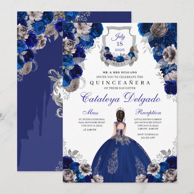 Royal Blue & Silver Floral Elegant Quinceañera Invitation (Front/Back)