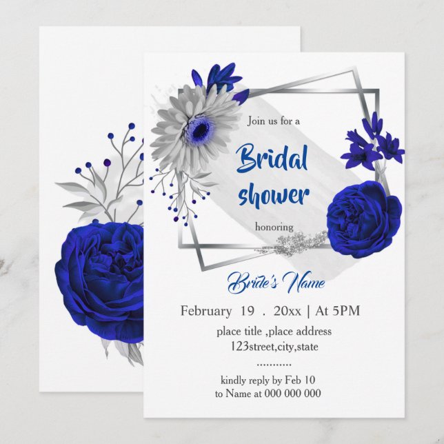 royal blue silver floral geometric bridal shower invitation (Front/Back)