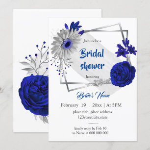 royal blue silver floral geometric bridal shower invitation