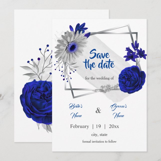 royal blue silver floral geometric save the date invitation (Front/Back)