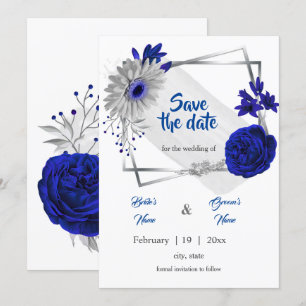 royal blue silver floral geometric save the date invitation