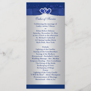 Royal Blue, Silver Floral Hearts Wedding Program Programme