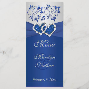 Royal Blue, Silver Floral Joined Hearts Menu Card