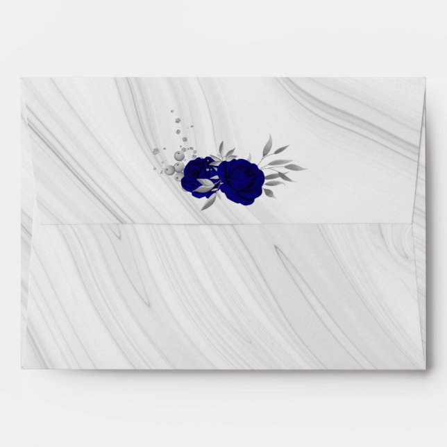 royal blue silver floral marble wedding envelope (Back (Top Flap))