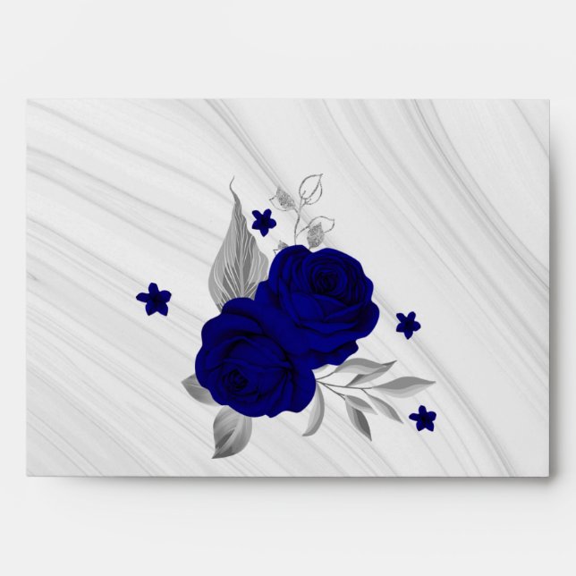 royal blue silver floral marble wedding envelope (Front)