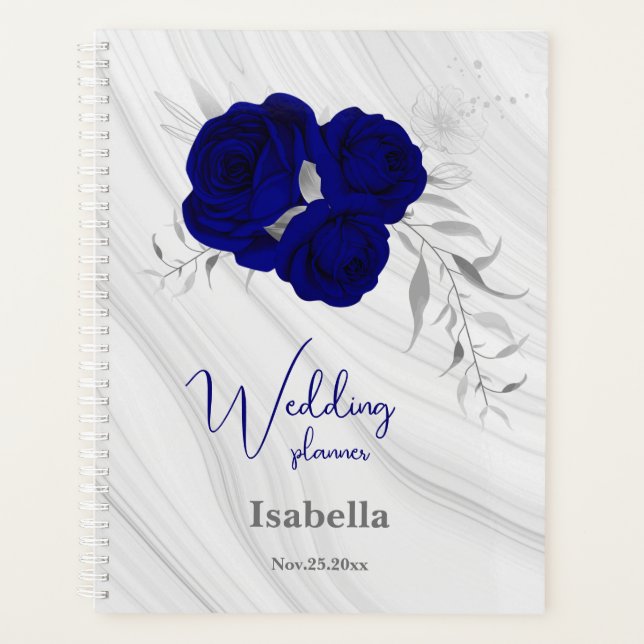 royal blue silver floral marble wedding planner (Front)