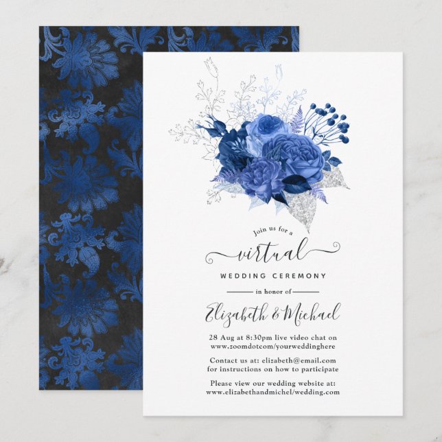 Royal Blue & Silver Floral Online Virtual Wedding Invitation (Front/Back)