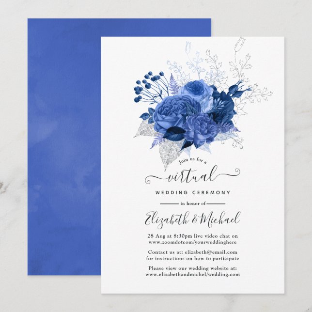 Royal Blue & Silver Floral Online Virtual Wedding Invitation (Front/Back)