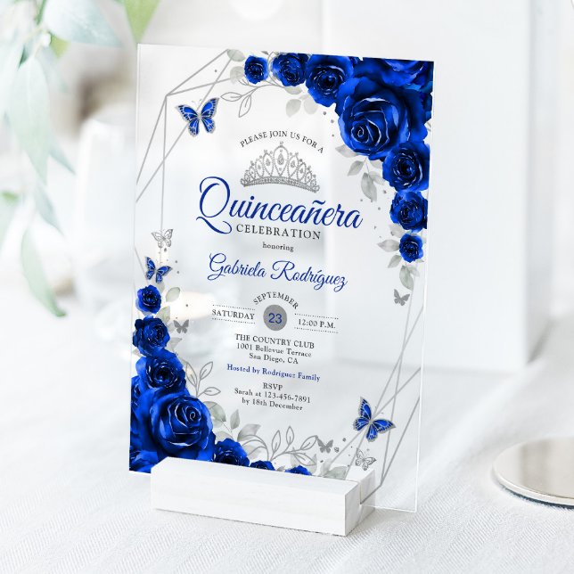Royal Blue Silver Floral Quinceanera Acrylic Invitations (Creator Uploaded)