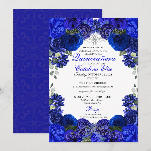 Royal Blue & Silver Floral Quinceanera Birthday Invitation (Front/Back)