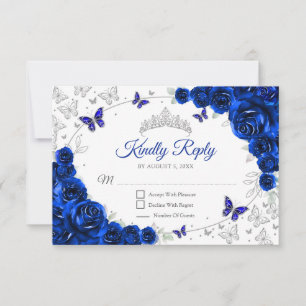 Royal Blue Silver Floral Quinceanera Reply RSVP Card