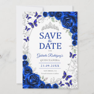 Royal Blue Silver Floral Quinceanera Save The Date