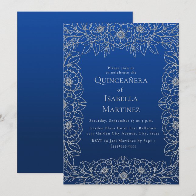 Royal Blue Silver Floral Quinceañera Sweet 15 Invitation (Front/Back)