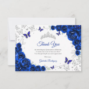 Royal Blue Silver Floral Quinceanera Thank You Card