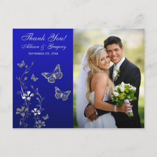 Royal Blue, Silver Floral Thank You Photo Postcard