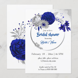 royal blue silver floral wreath bridal shower invitation