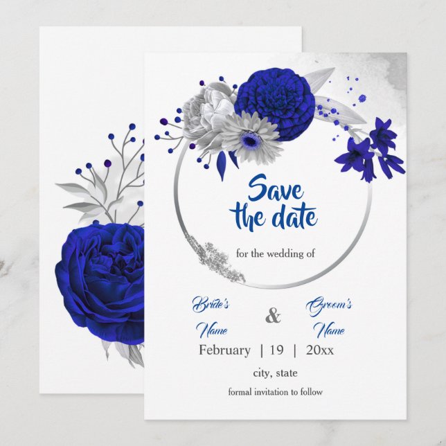 royal blue silver floral wreath save the date invitation (Front/Back)