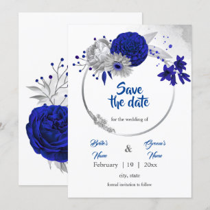 royal blue silver floral wreath save the date invitation