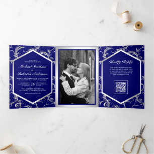 Royal Blue Silver Flourish Swirl QR Code Wedding Tri-Fold Invitation