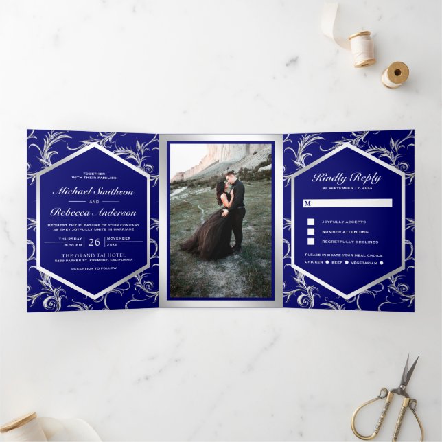 Royal Blue Silver Flourish Swirl Wedding Photo Tri-Fold Invitation (Inside)