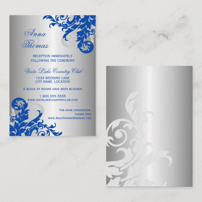 Royal Blue Silver Flourish Wedding Details Enclosure Card (Front/Back)