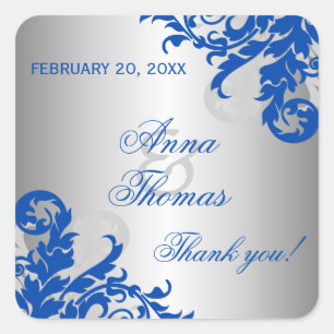 Royal Blue Silver Flourish Wedding Favour Square Sticker