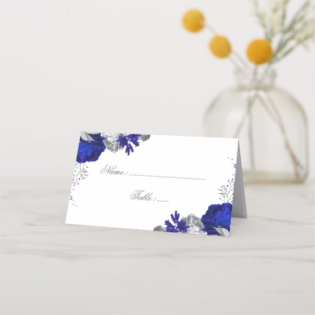 royal blue & silver flowers botanical place card (Front)