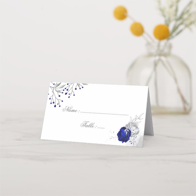 royal blue & silver flowers botanical place card (Front)