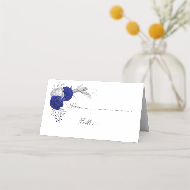 royal blue & silver flowers botanical place card (Front)