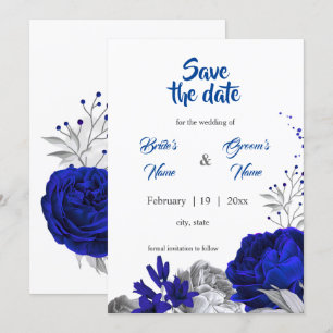 royal blue  silver flowers botanical save the date invitation