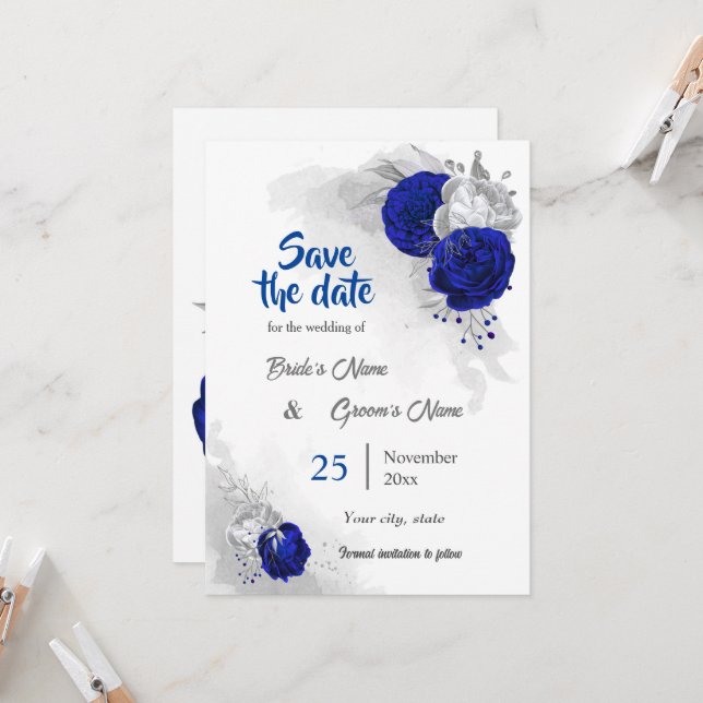 royal blue  silver flowers botanical save the date invitation (Front/Back In Situ)