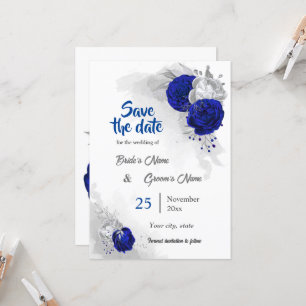 royal blue silver flowers botanical save the date invitation