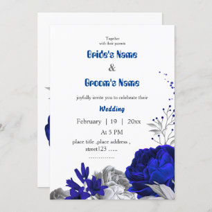 royal blue & silver flowers botanical wedding invitation