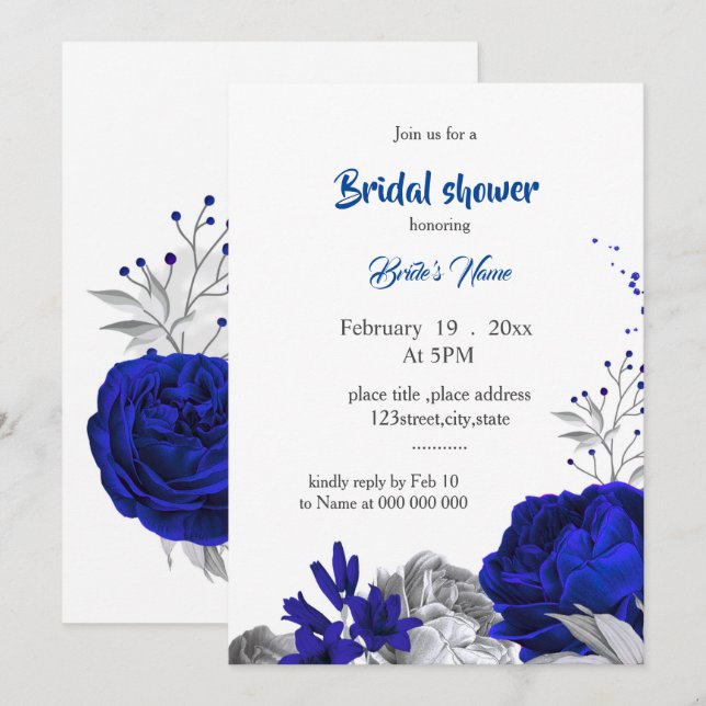 royal blue silver flowers bridal shower invitation (Front/Back)