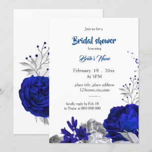royal blue silver flowers bridal shower invitation