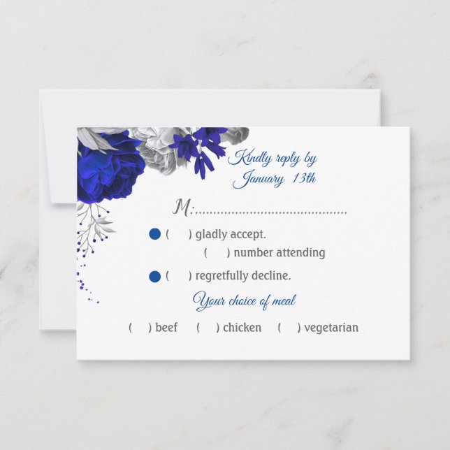 royal blue & silver flowers meal choice RSVP card (Front)