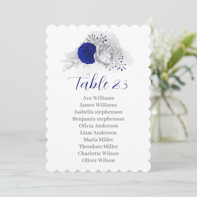 royal blue silver flowers seating chart card (Standing Front)