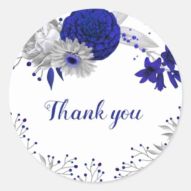 royal blue & silver flowers thank you classic round sticker (Front)