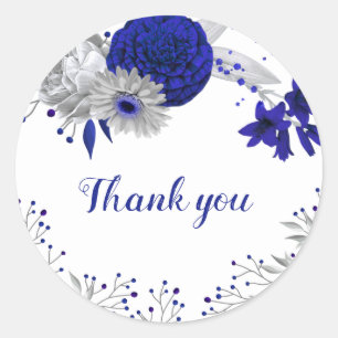 royal blue & silver flowers thank you classic round sticker