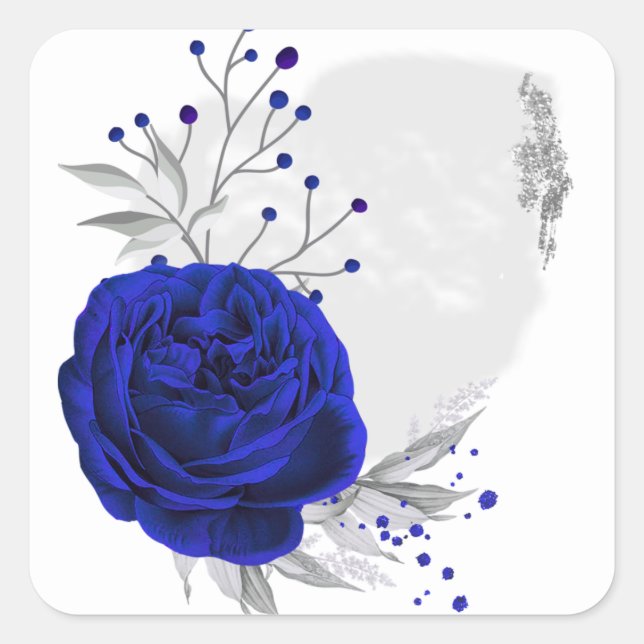 royal blue & silver flowers white square sticker (Front)