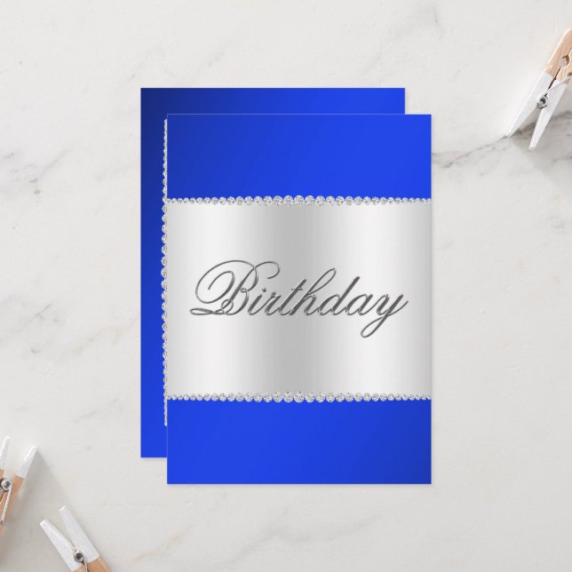 Royal Blue, Silver & Gems Birthday Invitation (Front/Back In Situ)