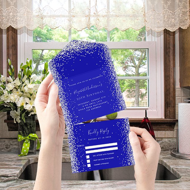 Royal blue silver glitter birthday rsvp all in one invitation (Creator Uploaded)