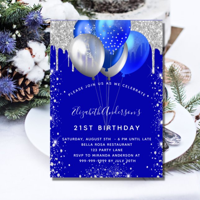 Royal blue silver glitter drips balloons birthday invitation (Creator Uploaded)