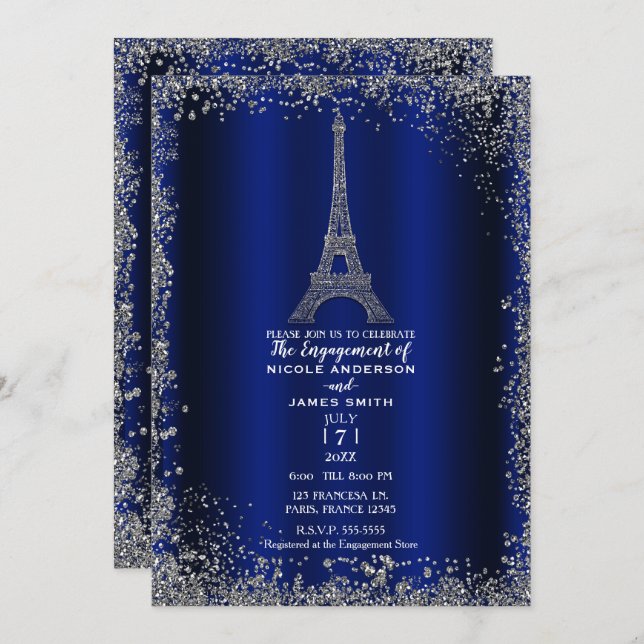 Royal Blue Silver Glitter Eiffel Tower Engagement Invitation (Front/Back)