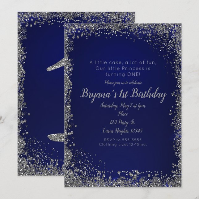 Royal Blue Silver Glitter Glam 1ST Birthday Party Invitation (Front/Back)
