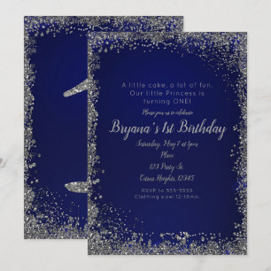 Royal Blue Silver Glitter Glam 1ST Birthday Party Invitation