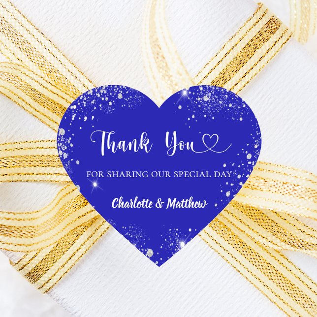 Royal blue silver glitter heart thank you wedding sticker (Creator Uploaded)